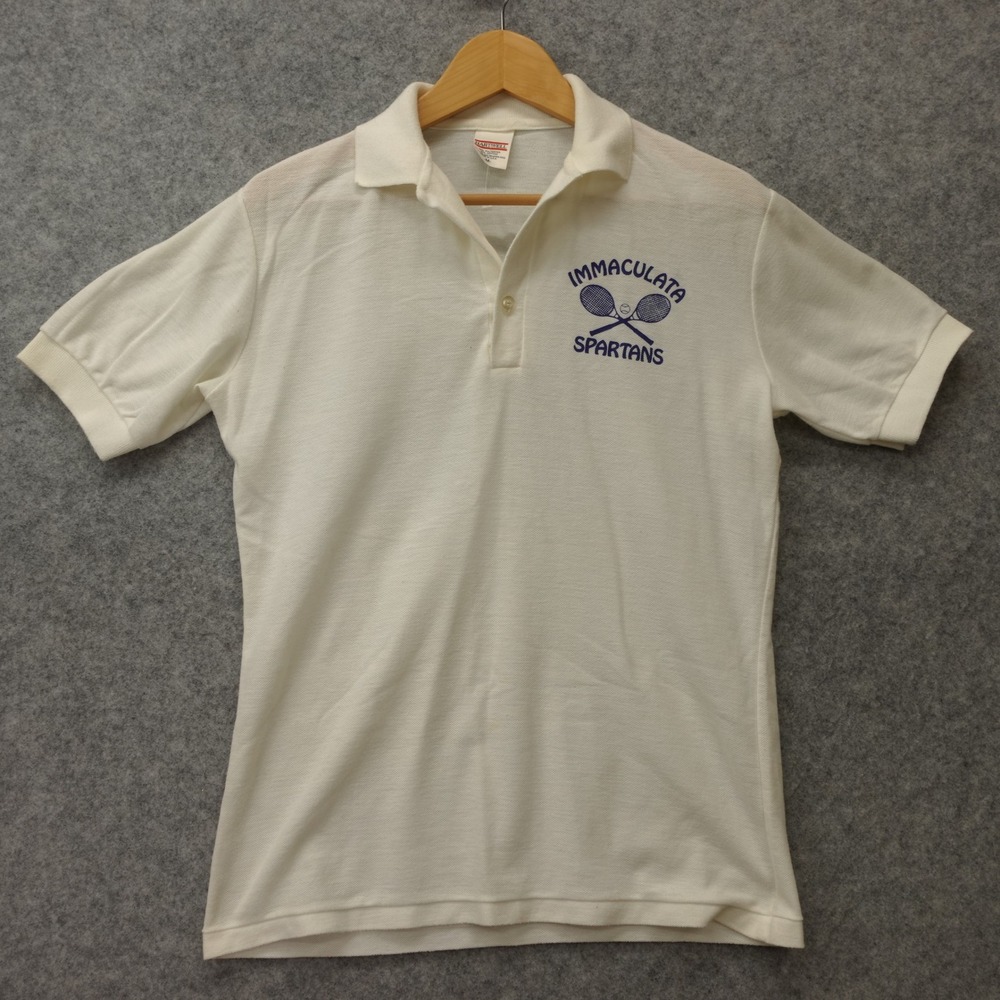 Vintage 80s Immaculata Spartans Polo Shirt Mens M Off White HARTWELL Tennis Prep